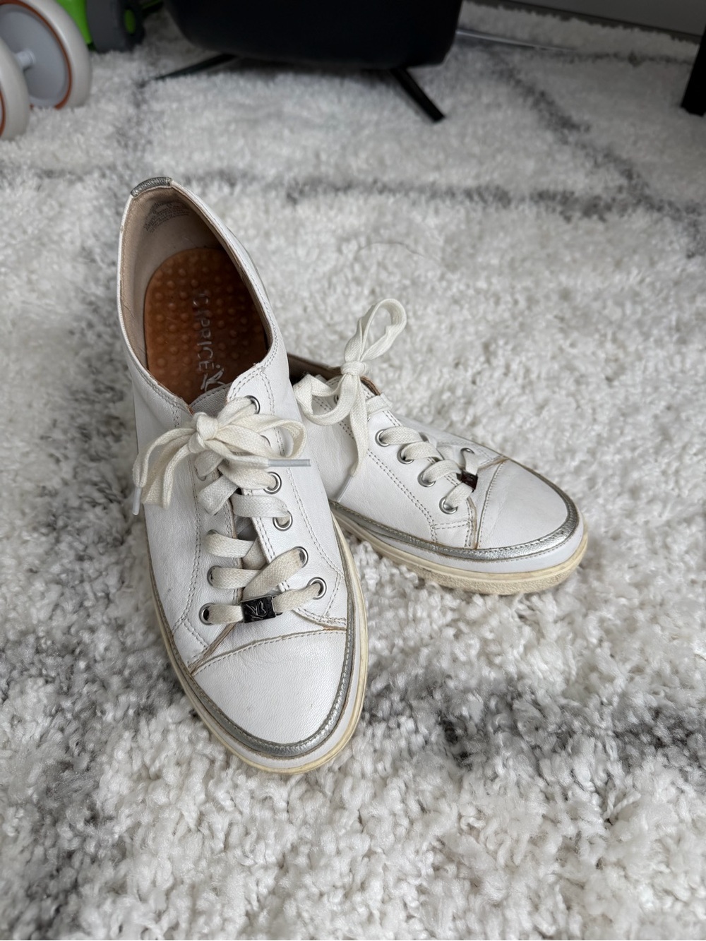 Women's White Leather Lace-Up Sneakers with silver Metallic Trim